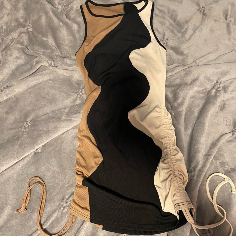 Cream White, Brown, and Black Mini Dress.